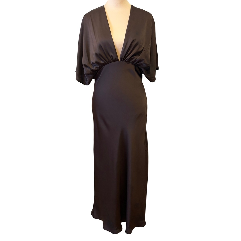 Anewsta Maxi Dress S Brown Satin Deep V-Neck Flutter Sleeve Goth Vamp Witchy